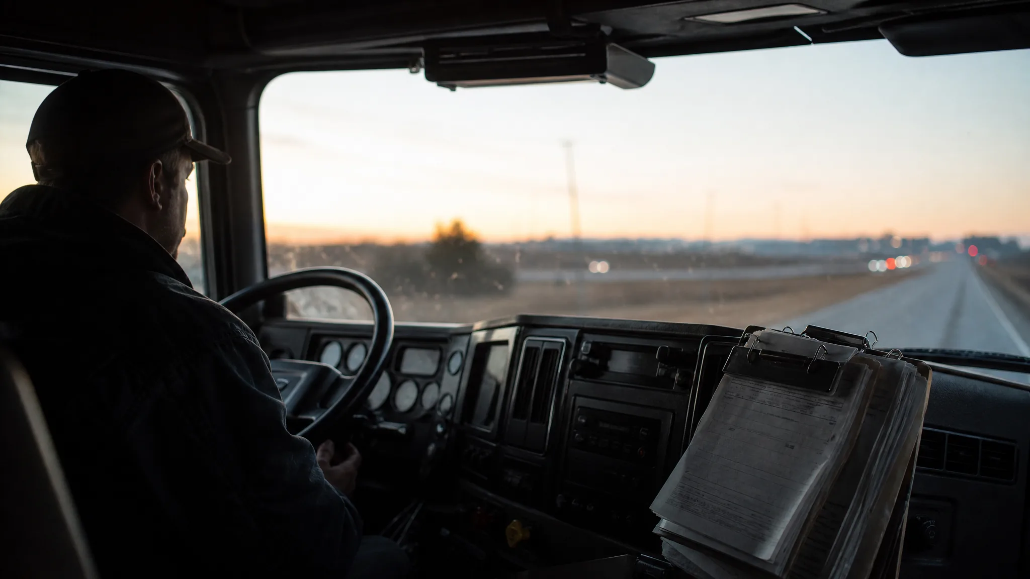 The view from inside a truck cab at first light