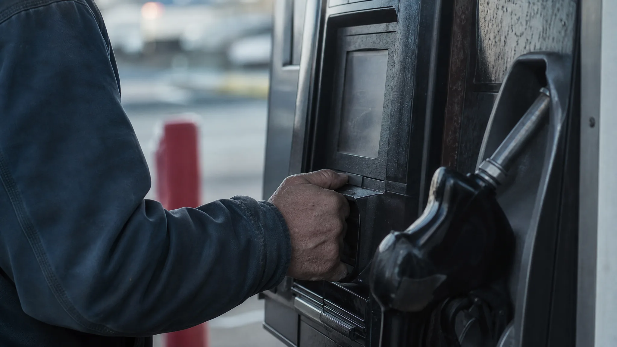 A driver refuelling at a truck stop in cool morning light