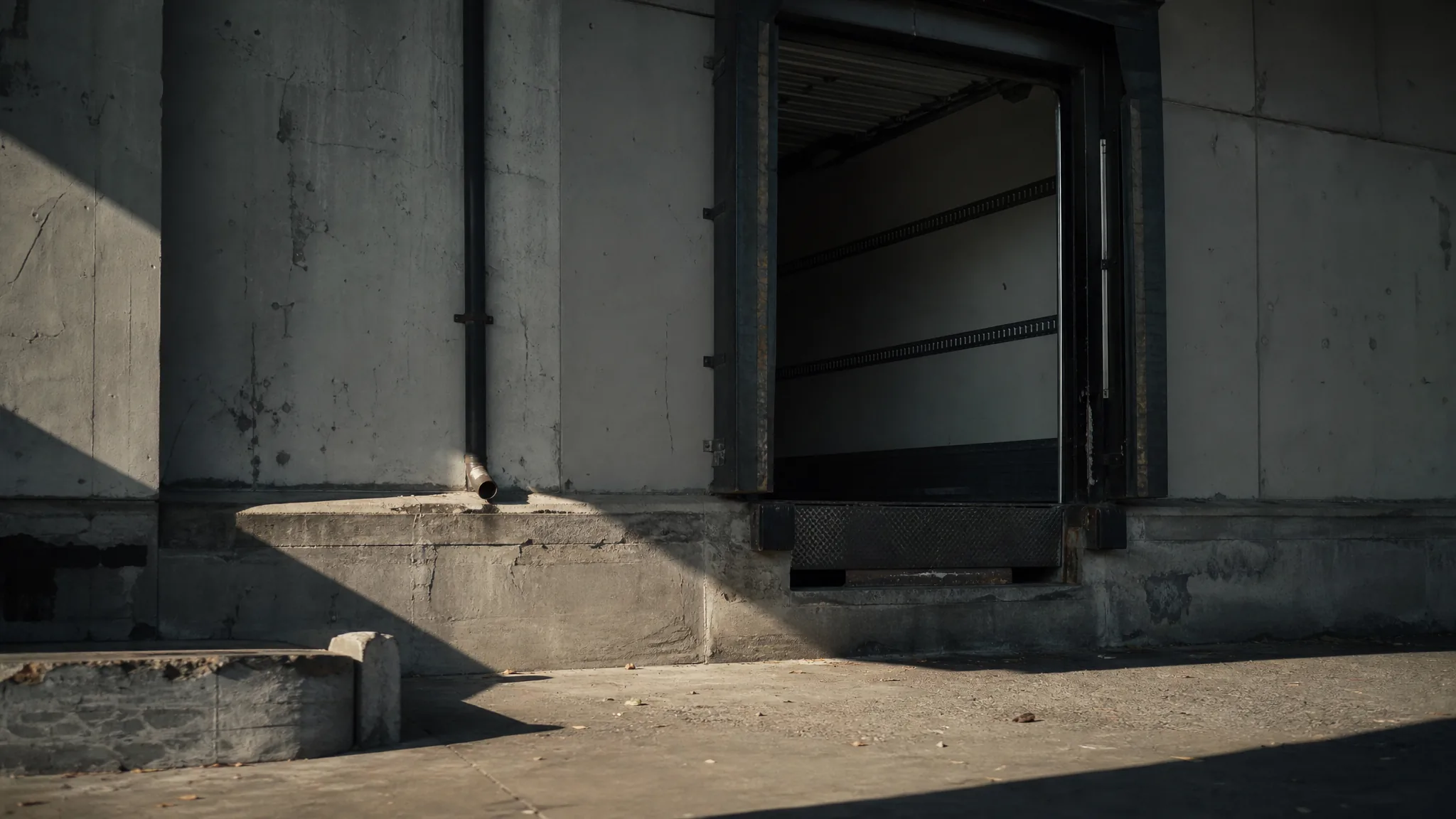 An empty loading dock with one open trailer door