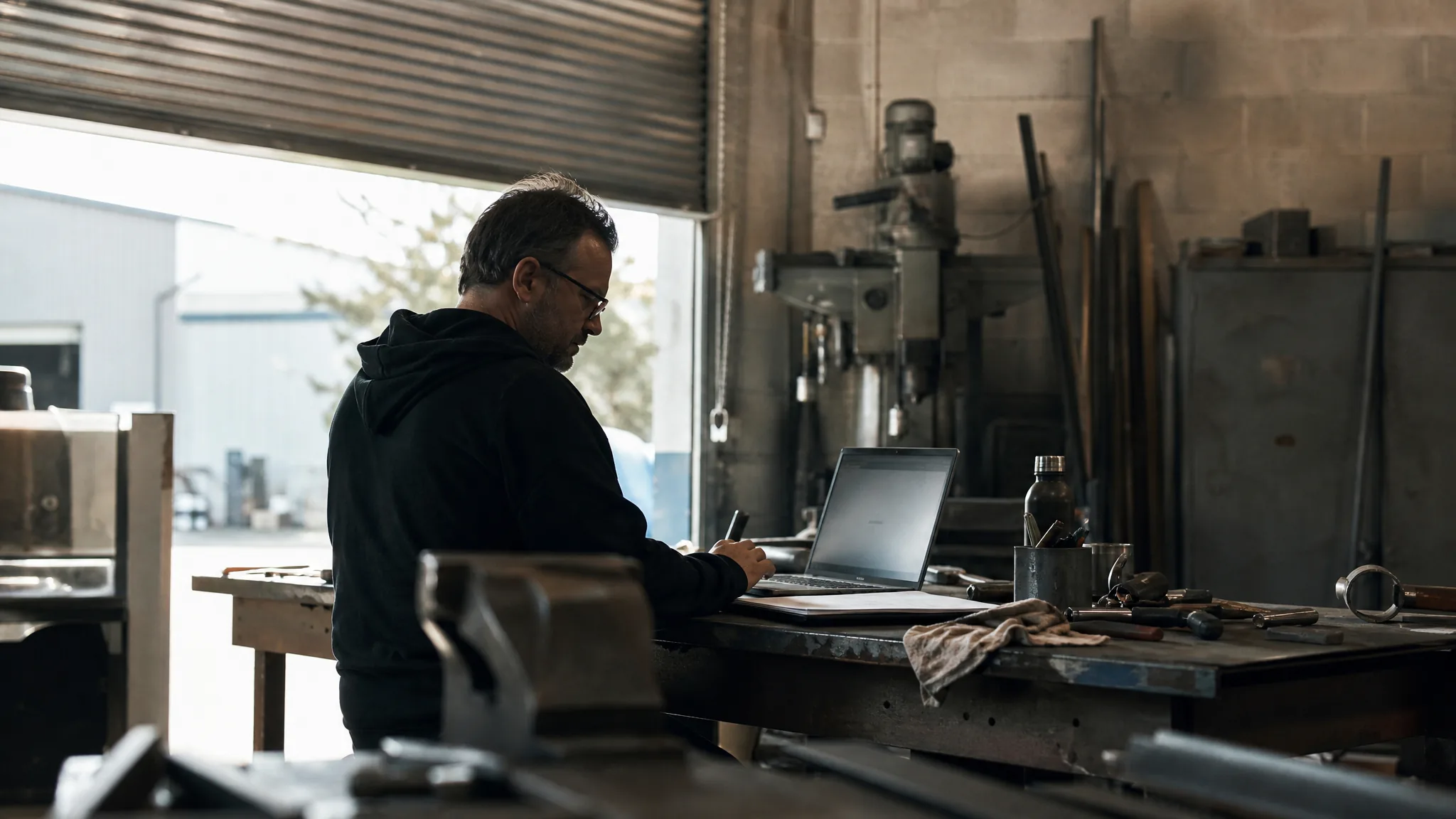 The owner of a small independent workshop working at a bench